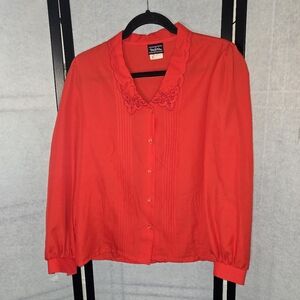 Vintage Red Blouse Scalloped Embroidered Collar Button-Up Medium Preppy Cottage